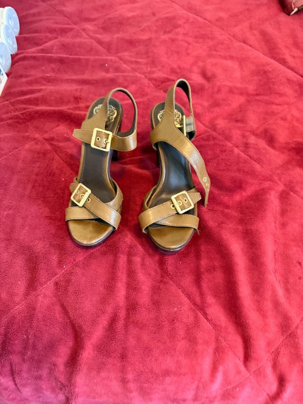 Vince Camuto Brown Leather Platform Sandals with Gold Buckles